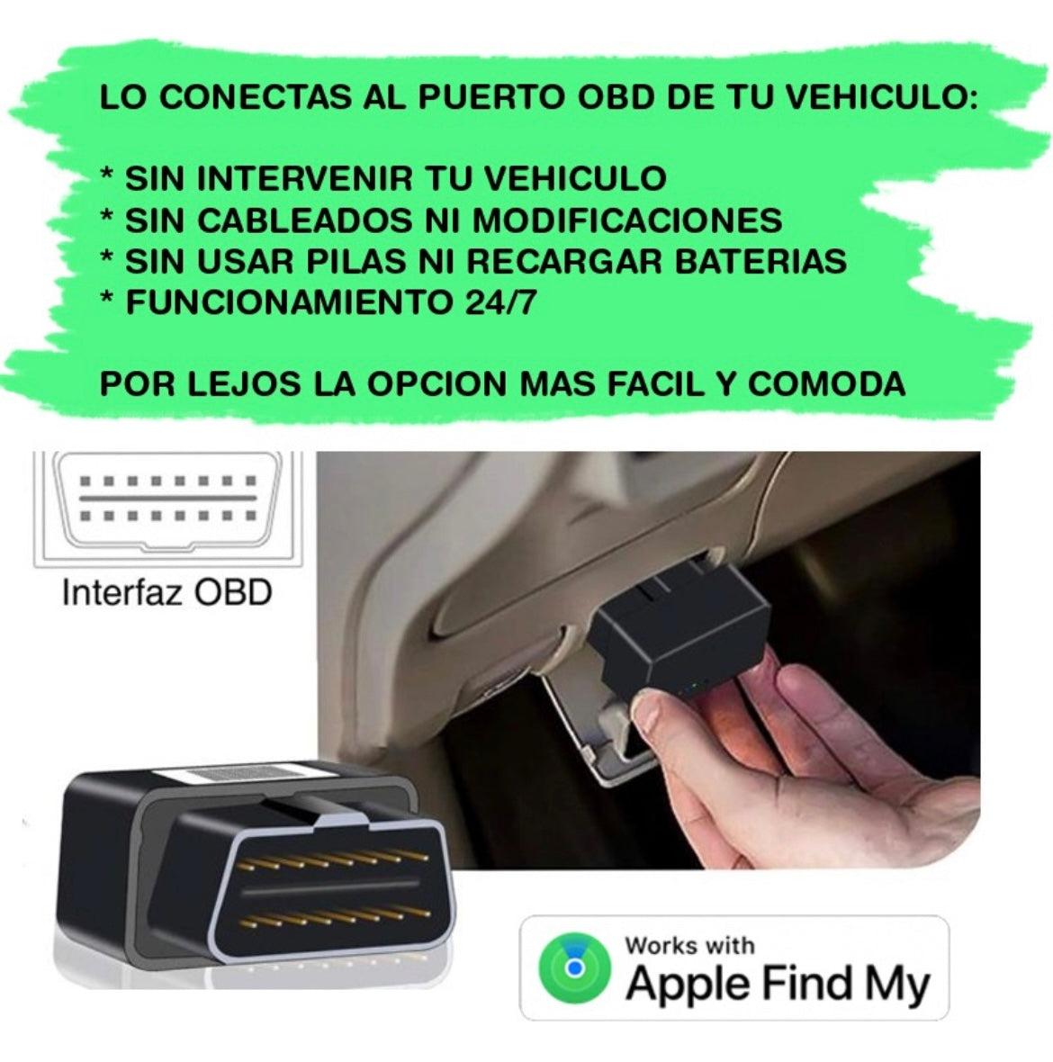 Localizador GPS OBD para Auto Compatible con Apple Buscar (Find My) – Sin Suscripción Mensual